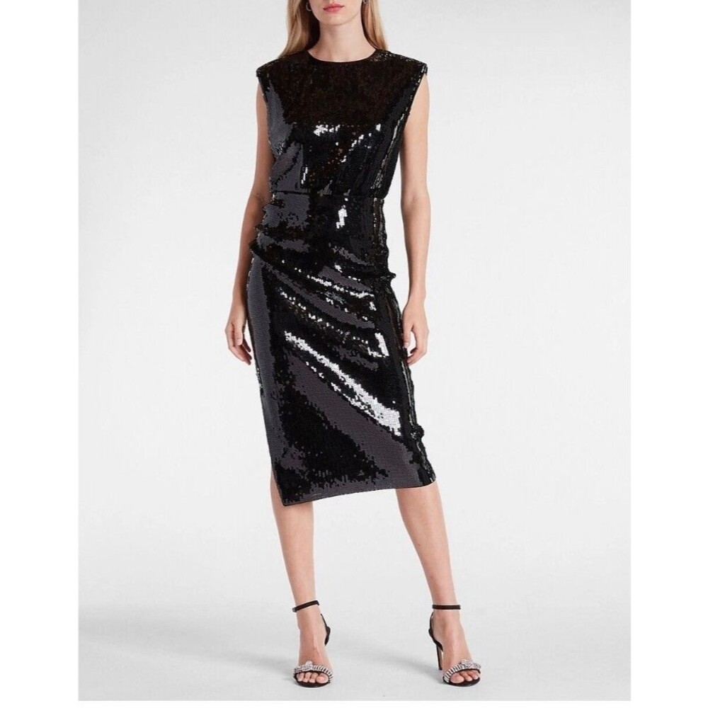 Express Women’s M Black Sequin Midi Dress Sleeveless Sheath Cocktail Party NWT